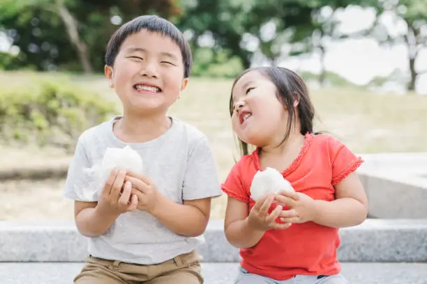 Asian brother and sister enjoy picnic.
