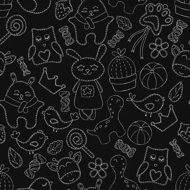 Vector illustration of cute forest animals for children room and toys, contour, vector seamless pattern on black chalk background