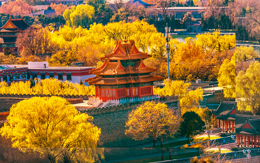 Arrow Watch Tower Palace Wall Autumn Gugong Forbidden City Beijing China. Emperor's Palace Built in the 1600s in the Ming Dynasty