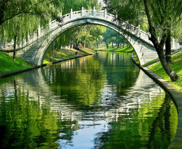Morning time at Zhongshan Park of Yin Chuan, Ningxia province, China. An arch brige  on the background.