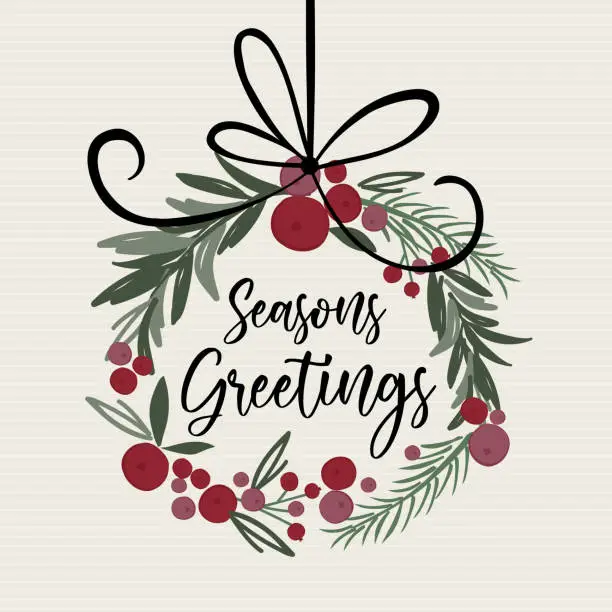 Vector illustration of Decoration Christmas wreath looking watercolor with t'is the seasons writing, pine leaf, berries, door wreath