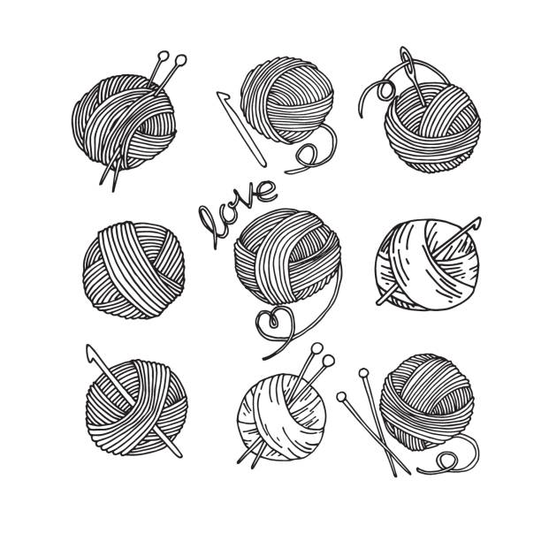 rysunek w stylu doodle wektorowego, zestaw kulek wełnianych z igłami do robienia na drutach i haczykami szydełkowymi. symbol dziewiarski, hobby, rękodzieło, praca domowa, robótki ręczne. - wool knitting heart shape thread stock illustrations