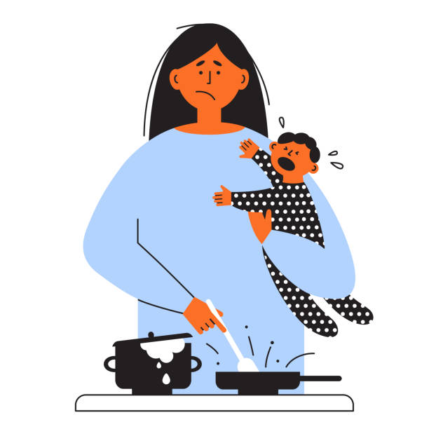ilustrações de stock, clip art, desenhos animados e ícones de frustrated parent concept with tired exhausted mother with crying little baby on hands - mother emotional stress exhaustion cooking