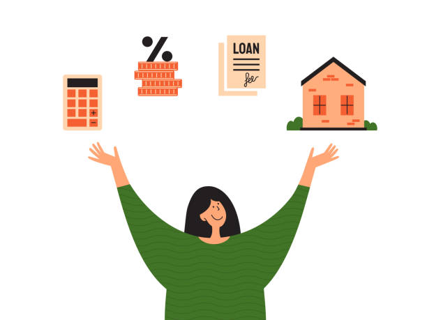 Young woman showing stages of mortgage and calculating rate Stages of mortgage and calculating rate concept. Young woman planning buy house and showing or looking to way loan. Process of home mortgage. Happy girl holding dream in hands. Ad, vector illustration financial advisor percentage sign business finance stock illustrations