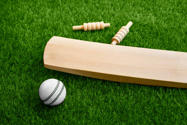 istock cricket set bat ball stumps and bails on green grass pitch background 1265144970