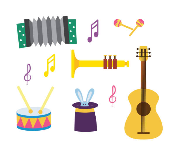 ilustrações de stock, clip art, desenhos animados e ícones de set of musical instruments cartoon icons, flat vector illustration isolated. - accords