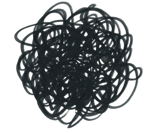 Tumbleweed painted by black marker pen on white paper background  - multi layered composition of uneven messy lines looped into a ball  - abstract vector stock illustration drawing by hand Black messy lined paint by hand by black marker pen on white paper card. Multi-layered sketch with 3D effect. Tumbleweed inspired. Messy uneven and imperfect doodle lines. 
Zoom to see beautiful details. VECTOR FIL E- enlarge without lost the quality. imperfection stock illustrations