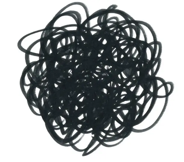 Vector illustration of Tumbleweed painted by black marker pen on white paper background  - multi layered composition of uneven messy lines looped into a ball  - abstract vector stock illustration drawing by hand