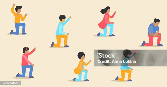 istock Group of diverse people take a knee protest against racism and police brutality. protests protesters kneeling hold up hand. Crowd of men women. Vector illustration Seamless pattern banner. 1265150566