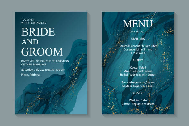 Modern abstract luxury wedding invitation design or card templates for birthday greeting or certificate or cover. Set of two cards with blue watercolor waves and golden paint splashes on a navy background. magazine cover illustrations stock illustrations