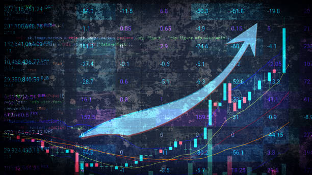 Growth chart template with up arrow and copy space. Digital dark abstract background. Horizontal.