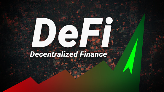 DeFi is a decentralized finance that is gaining popularity and hype. Green graph of the growth of the new finance sector. Defi Fintech concept. Horizontal.
