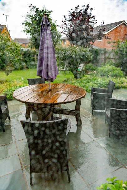 istock Back garden viewed through a patio door on a rainy day 1265151926