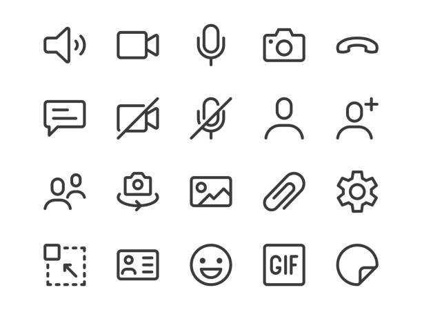 ikona linii połączenia wideo. minimalna ilustracja wektorowa, proste ikony konspektu - czat, wiadomość, mikrofon, kamera, konferencja i inne piktogram dla interfejsu połączenia wideo. edytowalny pixel obrys idealny - interface icons video stock illustrations