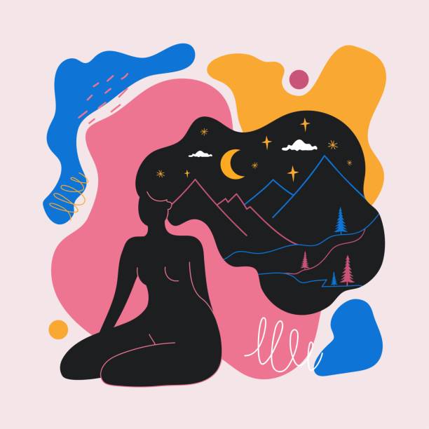 istock Abstract vector illustration with colored spots, long hair woman silhouette, mountain landscape, moon, stars and white clouds. 1265154561
