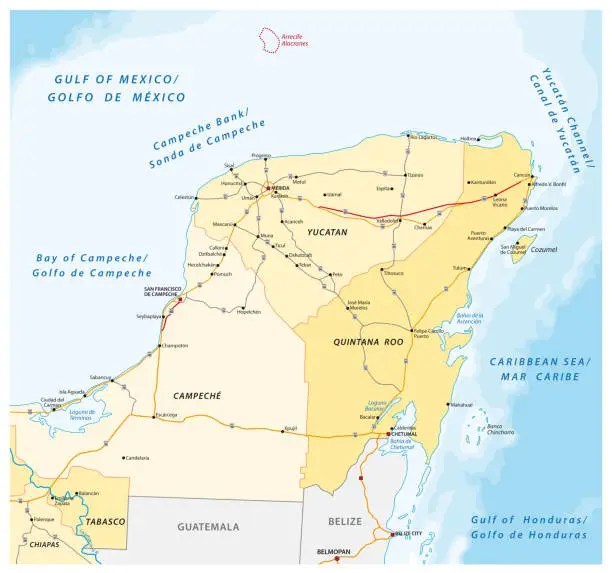 Vector illustration of road and administrative vector map of the Yucatan Peninsula