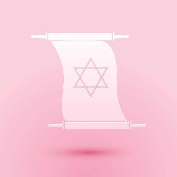 istock Paper cut Torah scroll icon isolated on pink background. Jewish Torah in expanded form. Torah Book. Star of David symbol. Simple old parchment scroll. Paper art style. Vector 1265155615