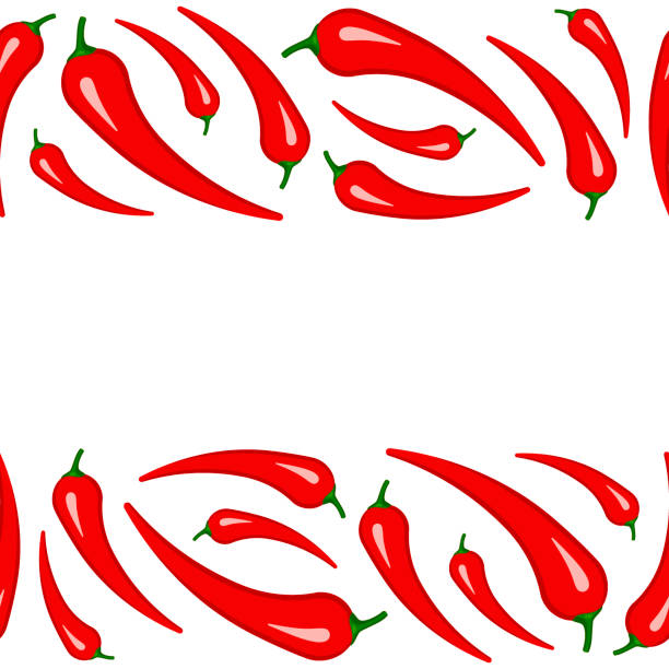 Red chili pepper border background. Pattern chili papper. Spicy fresh vegetable, healthy cooking ingredient. Ripe hot red chili peppers. Vector flat Red chili pepper border background. Pattern chili papper. Spicy fresh vegetable, healthy cooking ingredient. Ripe hot red chili peppers. Vector flat illustration chili pepper border stock illustrations