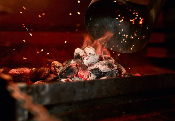 There's nothing like the smell of a charcoal grill being fired up Closeup shot of charcoal burning in a fireplace south african braai stock pictures, royalty-free photos & images