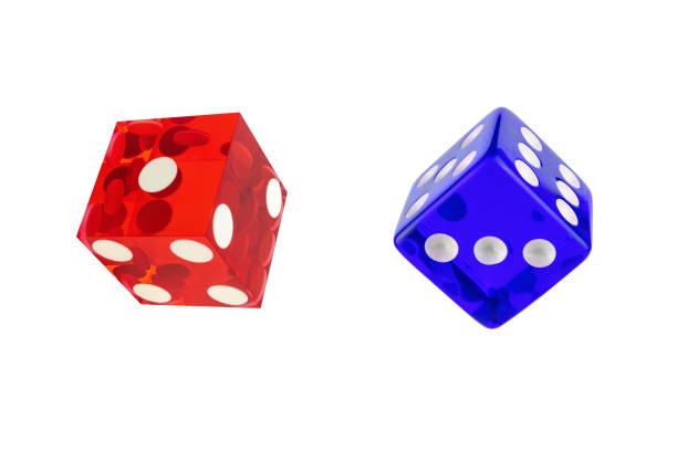 Two playing cubes of red and blue glass with sharp and round edges isolated on a white background / set for collage. Blank for the designer. Game, finance and luck concept.