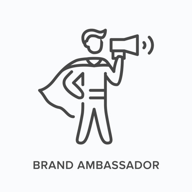 ilustrações de stock, clip art, desenhos animados e ícones de brand ambassador flat line icon. vector outline illustration of leadership, hero with megaphone. influence thin linear pictogram - ambassador