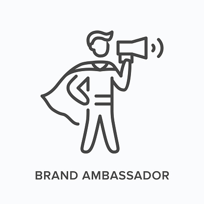 Brand ambassador flat line icon. Vector outline illustration of leadership, hero with megaphone. Influence thin linear pictogram.