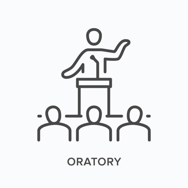 Public speaker flat line icon. Vector outline illustration of person giving presentation speech on tribune. Business conference, oratory training thin linear pictogram Public speaker flat line icon. Vector outline illustration of person giving presentation speech on tribune. Business conference, oratory training thin linear pictogram. chapel illustrations stock illustrations
