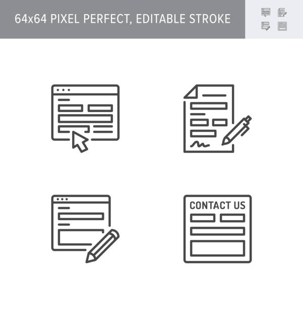 ilustrações, clipart, desenhos animados e ícones de entre em contato conosco ícones de linha. a ilustração vetorial incluiu ícone como formulário de registro, esboço pictograma de página web com caixa em branco e lápis. 64x64 pixel golpe editável perfeito - interface icons push button web page internet