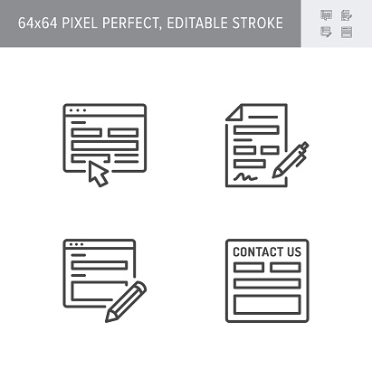 Contact us line icons. Vector illustration included icon as registration form, outline pictogram of web page with blank box and pencil. 64x64 Pixel Perfect Editable Stroke.