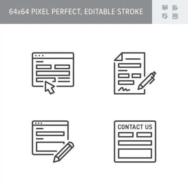 Vector illustration of Contact us line icons. Vector illustration included icon as registration form, outline pictogram of web page with blank box and pencil. 64x64 Pixel Perfect Editable Stroke