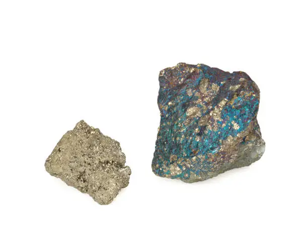 Two Natural Pyrites on a white background, close-up