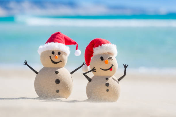 istock Sandy Christmas Snowmen are celebrating Christmas 1265161576