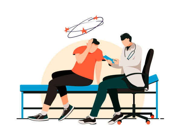 Isolated on white visit to the doctor with dizziness vector illustration. The patient complains of a sore ear design element. Headache, vertigo symptoms in flat cartoon style. ears white background stock illustrations