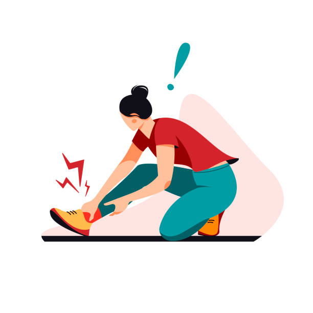 Sport trauma vector illustration. Woman suffers form ankle pain. Damage while running. ankle stock illustrations