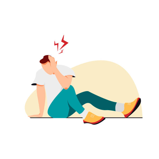 ilustraciones, imágenes clip art, dibujos animados e iconos de stock de un hombre sosteniendo una cabeza dolorida. - physical injury