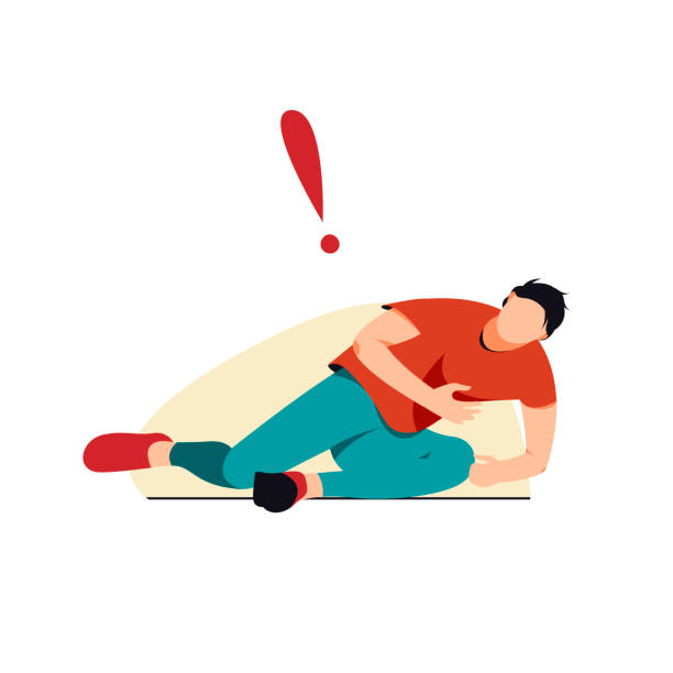 illustrazioni stock, clip art, cartoni animati e icone di tendenza di isolato su uomo caduto bianco con illustrazione vettoriale dolore toracico. - exercising sport cartoon male