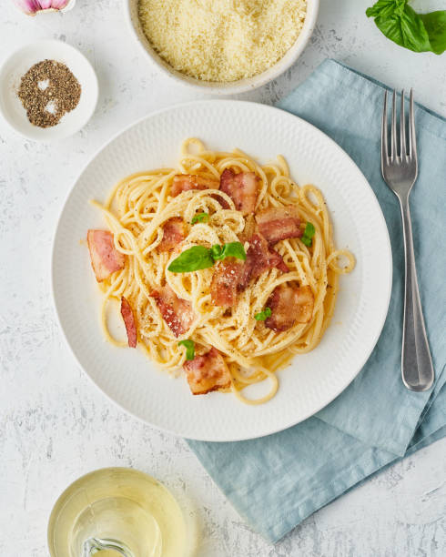 istock Carbonara pasta. Spaghetti with pancetta, egg, parmesan cheese and cream sauce 1265165454