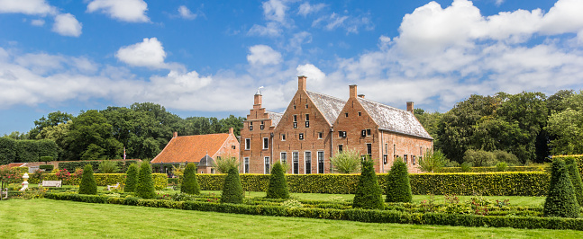 Panorama of the garden at the Menkemaborg mansion in Groningen, Netherlands