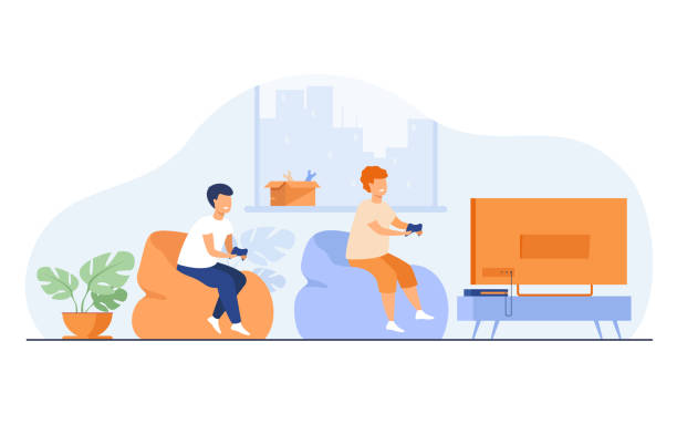 Two happy excited teen kids sitting on sofa at TV Two happy excited teen kids sitting on sofa at TV with gamepads and playing videogame. Vector illustration with cartoon characters for playing games, young gamers, children leisure time concept kids watching tv stock illustrations