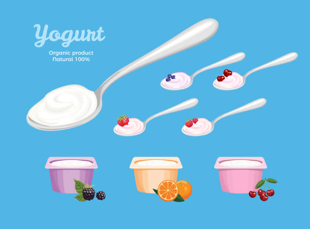 ilustraciones, imágenes clip art, dibujos animados e iconos de stock de juego de yogur. yogur blanco en cuchara de metal, yogures con diferentes bayas en cucharas y recipientes de plástico aislados. ilustración vectorial de productos lácteos en estilo plano de dibujos animados. - yogurt yogurt container strawberry spoon