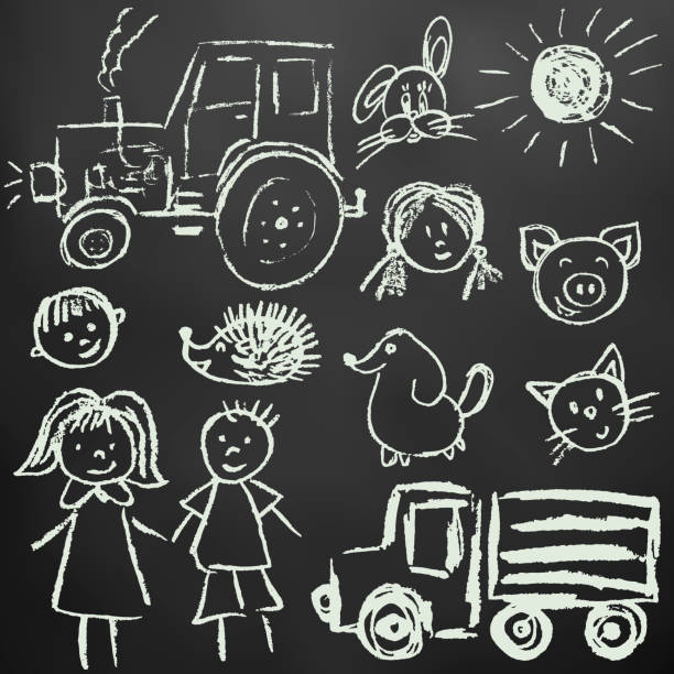 Set of elements for your creativity Children's drawings. Elements for the design of postcards, backgrounds, packaging. Chalk on a blackboard. Tractor, truck, woman, man, sun, faces ursus tractor stock illustrations