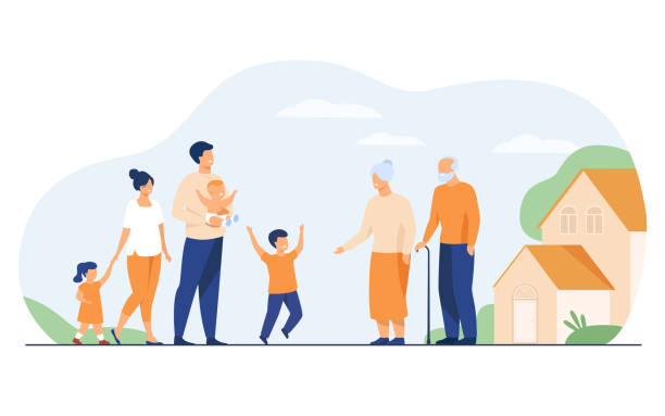 Family meeting in grandparents country house Family meeting in grandparents country house. Excited children and parents visiting grandmother and grandfather, boy running to granny. Vector illustration for happy family, love, parenting concept happy family stock illustrations
