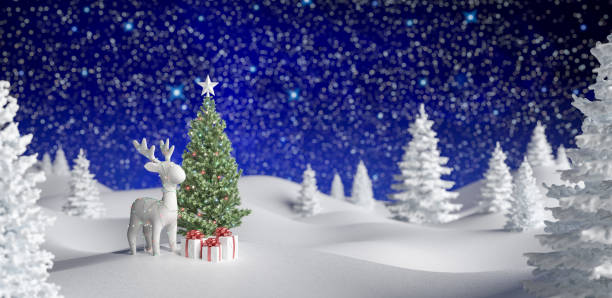 Decorated Christmas tree and reindeer in winter holiday night 3d render
