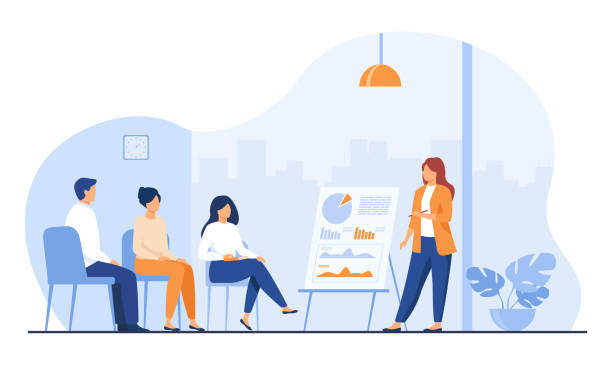Coach speaking before audience Coach speaking before audience. Mentor presenting charts and reports, Employees meeting at business training, seminar or conference. Vector illustration for presentation, lecture, education concept mentor cartoon stock illustrations