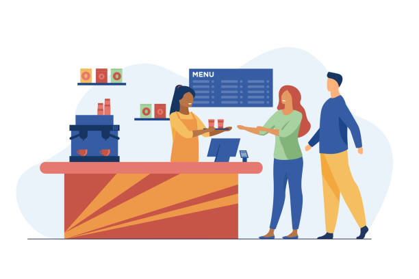 Young people ordering takeaway coffee in cafe Young people ordering takeaway coffee in cafe. Barista, chat, network flat vector illustration. Hot beverages and service concept for banner, website design or landing web page barista stock illustrations