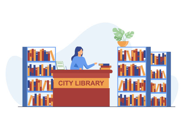 Female smiling librarian standing at counter Female smiling librarian standing at counter. Book, shelf, paper flat vector illustration. City library and knowledge concept for banner, website design or landing web page librarian stock illustrations