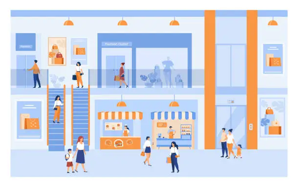 Vector illustration of Department store interior with customers