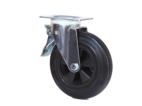 Black rubber wheel with a polypropylene disc in a bracket with a brake isolated on white