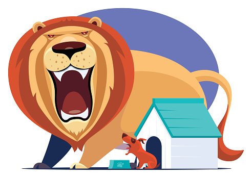 vector illustration of roaring lion meeting angry dog