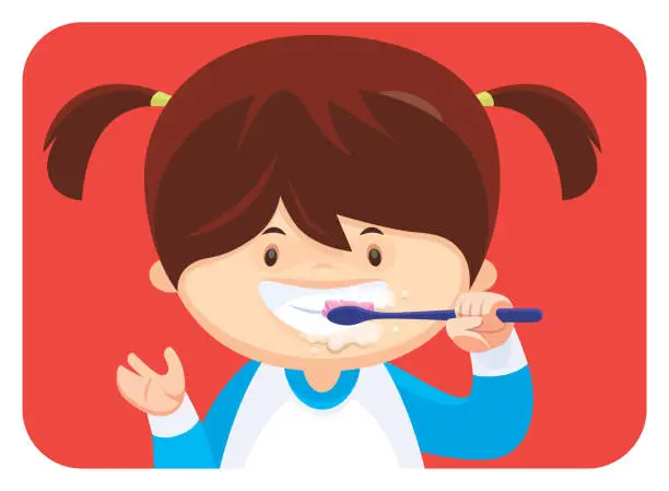 Vector illustration of little girl brushing teeth
